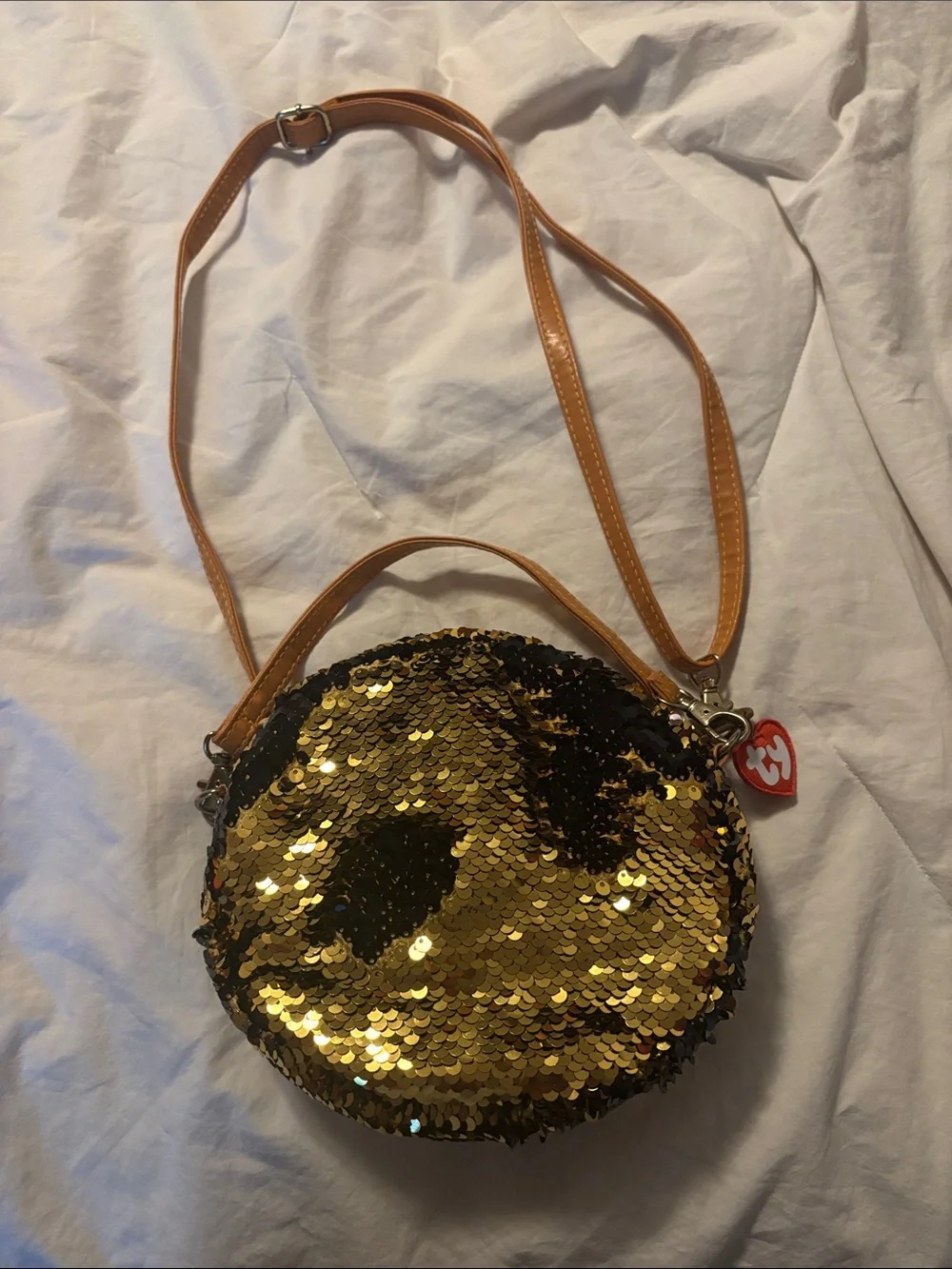 Ty Sequin Monkey Crossbody Bag in Gold and Purple